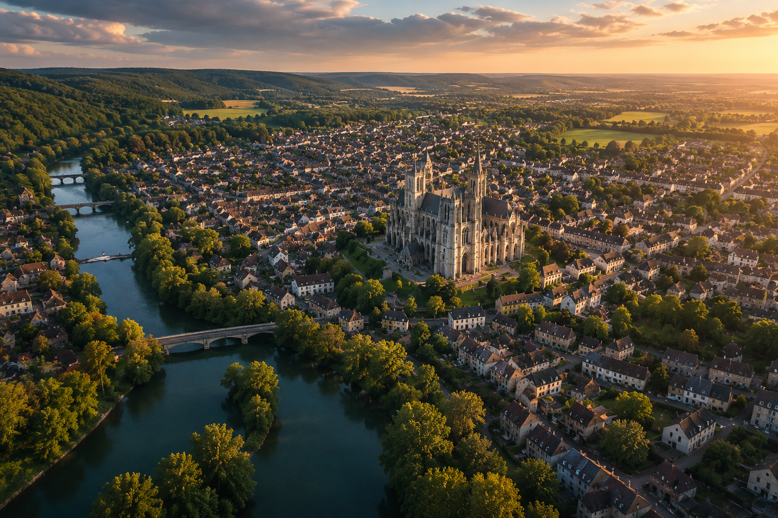 Vue aérienne d'une ville de l'Oise au coucher du soleil, toitures en tuile et en ardoise le long de la rivière